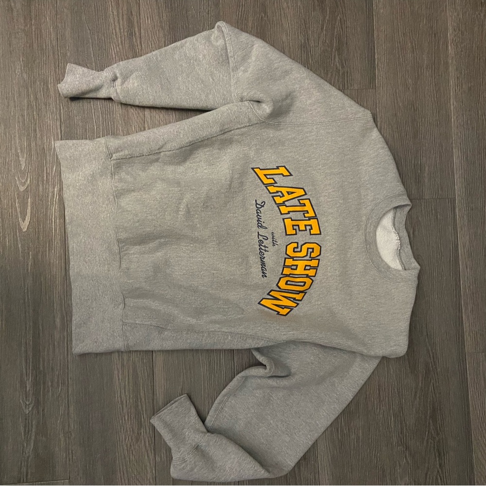 Gray and Yellow Crewneck Sweater with Bold Text